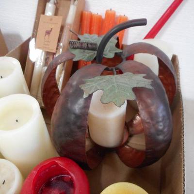 Lot 3061 - Misc lot of Assorted Candles + Metal Autumn Candle Holder