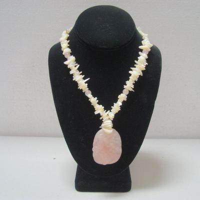 Lot 2037 - Mother of Pearl Necklace with Pink Quartz Stone Pendant 
