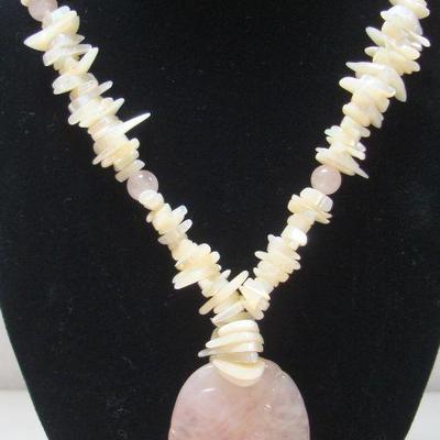 Lot 2037 - Mother of Pearl Necklace with Pink Quartz Stone Pendant 