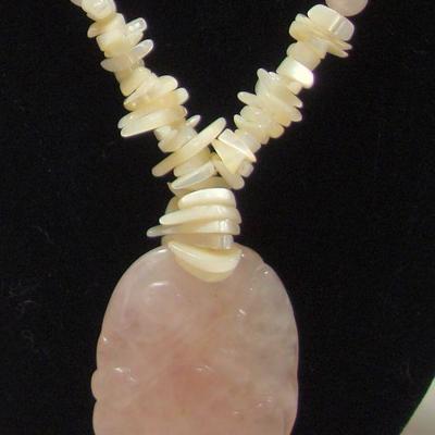 Lot 2037 - Mother of Pearl Necklace with Pink Quartz Stone Pendant 