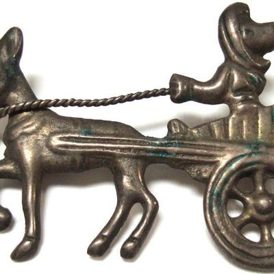 Lot 2039 - Sterling Silver Brooch - Rider in cart with donkey 