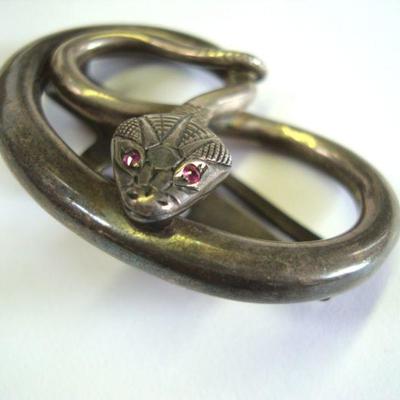 Lot 2076 - Shreve & Co Sterling Silver Rattle Snake with Ruby Eyes - Buckle?