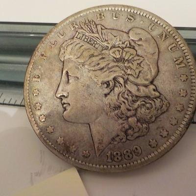 1889 Morgan silver dollar.