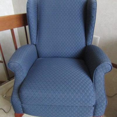 Blue Upholstered Queen Ann Style Push Back Recliner