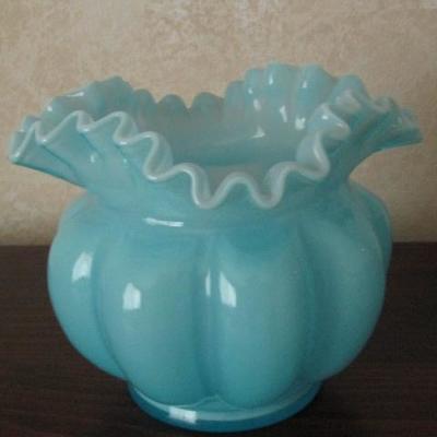 Blue Bulb Ruffle Edge Fenton Glass Bowl 6