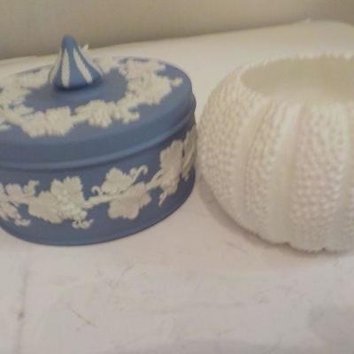 One wedgewood candy holder and a shell dish.