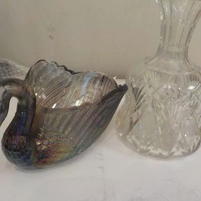 Decanter and Depression Glass swan. 