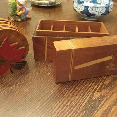 Vintage wooden cigarette box and wood saucers.