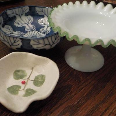 3 Glass design bowls and candy dish.