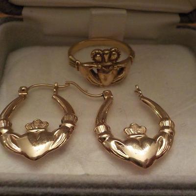 The Irish Claddagh ring and ear rings.