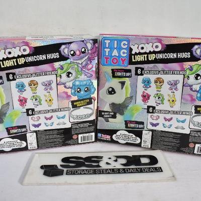 Qty TWO: Tic Tac Toy XOXO Light Up White Unicorn Hugs & Glitter Friends - New