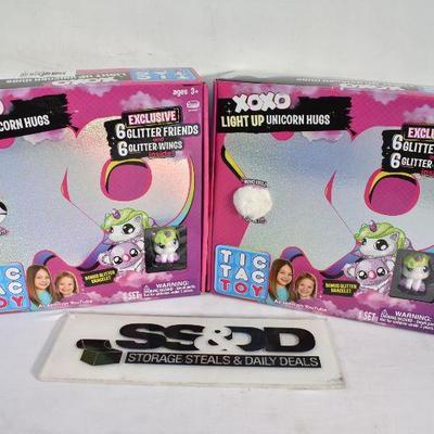 Qty TWO: Tic Tac Toy XOXO Light Up White Unicorn Hugs & Glitter Friends - New
