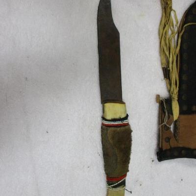Lot 79 - Native American Knife W/Bone Handle and Leather Sheath with Bead Work 