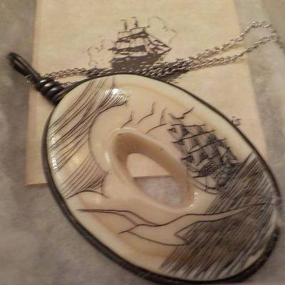 Scrimshaw hand made Sea going necklace.
