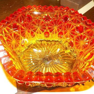 Red fenton carnival glass dish.