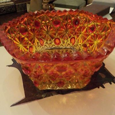 Red fenton carnival glass dish.