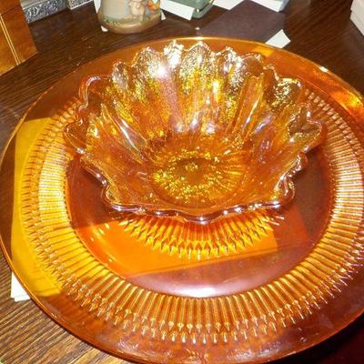 Vintage Carnival Glass Bowl and Serving Platter.