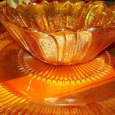 Vintage Carnival Glass Bowl and Serving Platter.