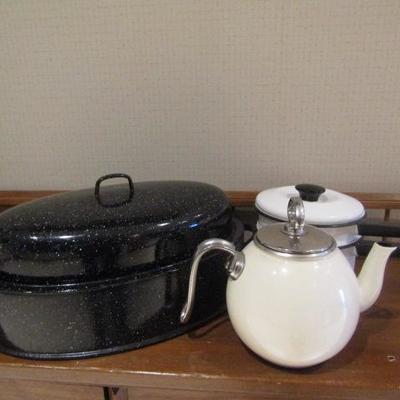 Collection of Enamel Ware Cookware Tea Kettle, Roasting Pan, Double Broiler Pan