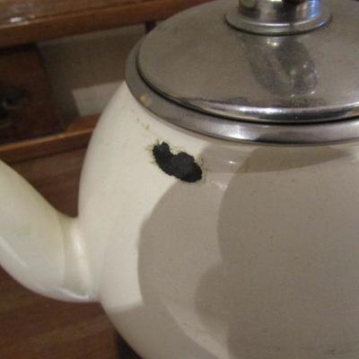 Collection of Enamel Ware Cookware Tea Kettle, Roasting Pan, Double Broiler Pan