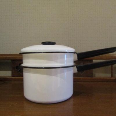 Collection of Enamel Ware Cookware Tea Kettle, Roasting Pan, Double Broiler Pan