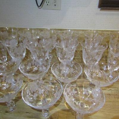 Rose Pattern Crystal Entertainment Set with Serving Plates, Wine and Liquer Glasses, Etc.
