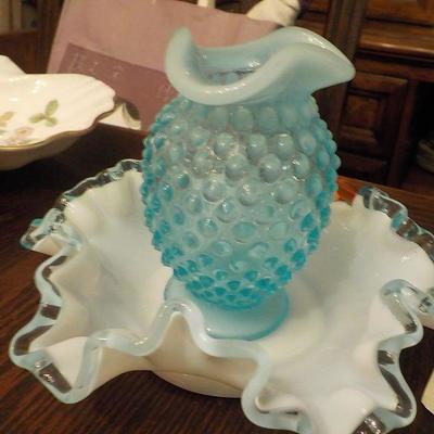 Small Hobnail Blue vase and dish.