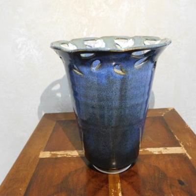 Artist Signed Handcrafted Blue Glazed Pottery Vase With Reticulated Floral Edge 8