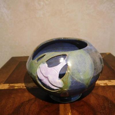 Artist Signed Handcrafted Blue Glazed Pottery Bowl with Floral Edge 3