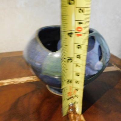Artist Signed Handcrafted Blue Glazed Pottery Bowl with Floral Edge 3