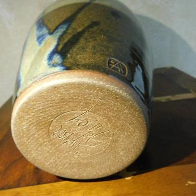 Artist Signed Handcrafted  Drip Glaze Pottery Vase 9