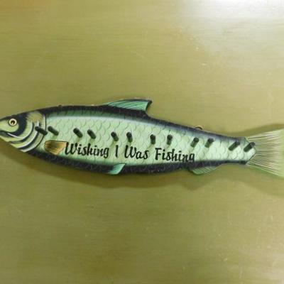 Wood Cut Out Fishing Sign and Rod Holder 'Wishing I Was Fishing' 17