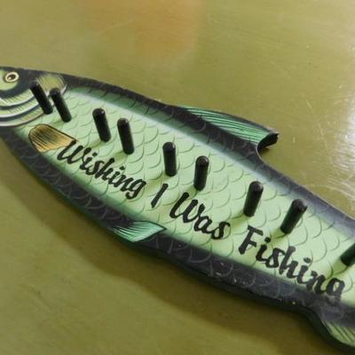 Wood Cut Out Fishing Sign and Rod Holder 'Wishing I Was Fishing' 17