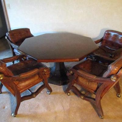 Vintage Solid Wood Octagonal Pedestal Table with 4 Leather Button Back Chairs 48