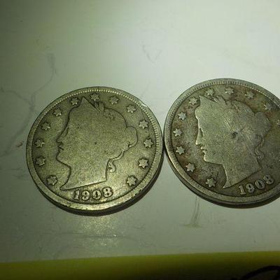 2- 1908 Liberty Head nickels.