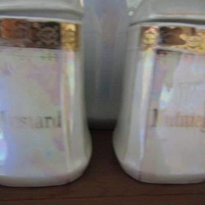 Vintage German Pearlescent Gold Trim Porcelain 8 Piece Canister Set