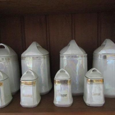 Vintage German Pearlescent Gold Trim Porcelain 8 Piece Canister Set