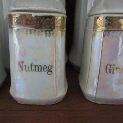 Vintage German Pearlescent Gold Trim Porcelain 8 Piece Canister Set