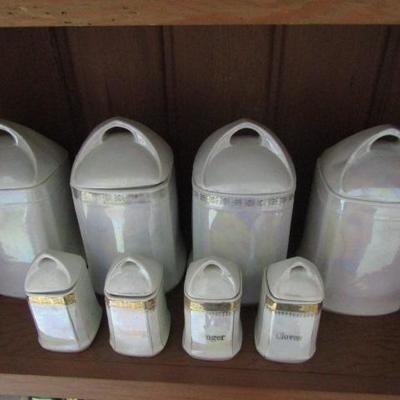 Vintage German Pearlescent Gold Trim Porcelain 8 Piece Canister Set