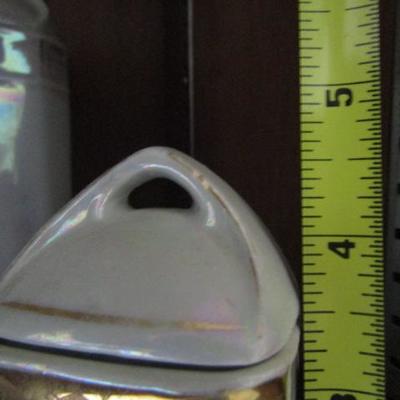 Vintage German Pearlescent Gold Trim Porcelain 8 Piece Canister Set