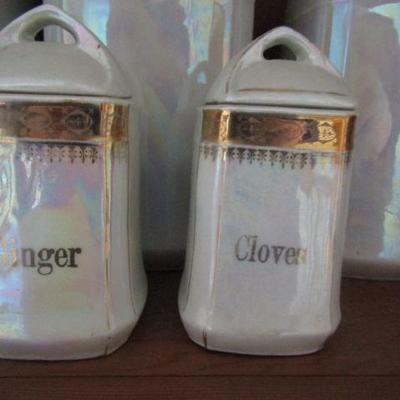Vintage German Pearlescent Gold Trim Porcelain 8 Piece Canister Set