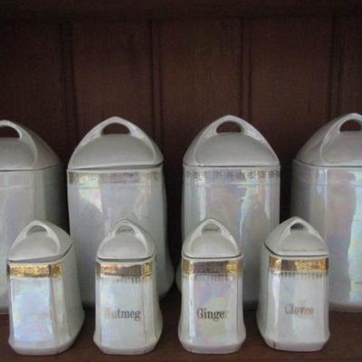 Vintage German Pearlescent Gold Trim Porcelain 8 Piece Canister Set