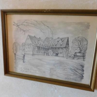 Charles Overly Pencil Framed Art 'The Ephrata Cloister' Ephrata, PA  15"x12"