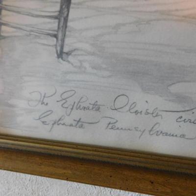 Charles Overly Pencil Framed Art 'The Ephrata Cloister' Ephrata, PA  15"x12"