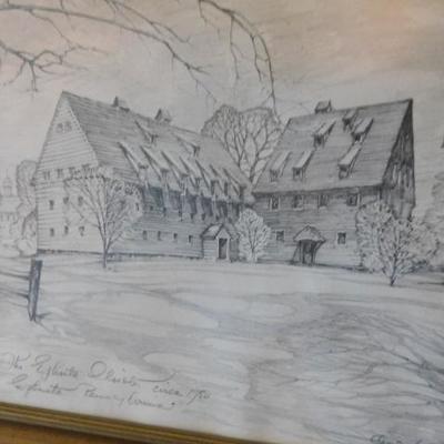 Charles Overly Pencil Framed Art 'The Ephrata Cloister' Ephrata, PA  15"x12"