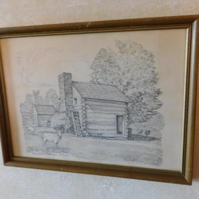 Charles Overly Pencil Framed Art 'The McGuffey Homestead' Dearborn, MI  15"x12"