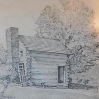 Charles Overly Pencil Framed Art 'The McGuffey Homestead' Dearborn, MI  15"x12"