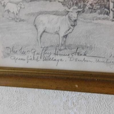 Charles Overly Pencil Framed Art 'The McGuffey Homestead' Dearborn, MI  15"x12"