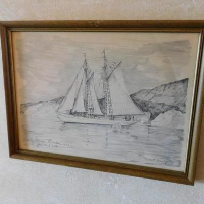 Charles Overly Pencil Framed Art 'The Schooner Bowdoni in Greenland Waters'  15"x12"