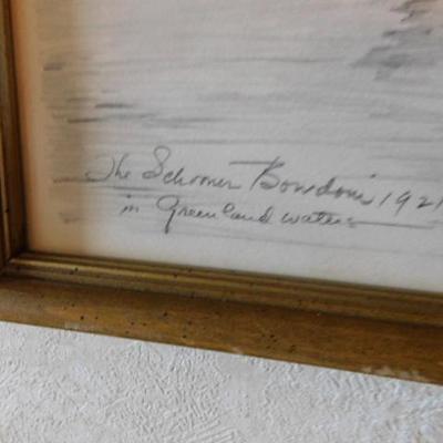 Charles Overly Pencil Framed Art 'The Schooner Bowdoni in Greenland Waters'  15"x12"